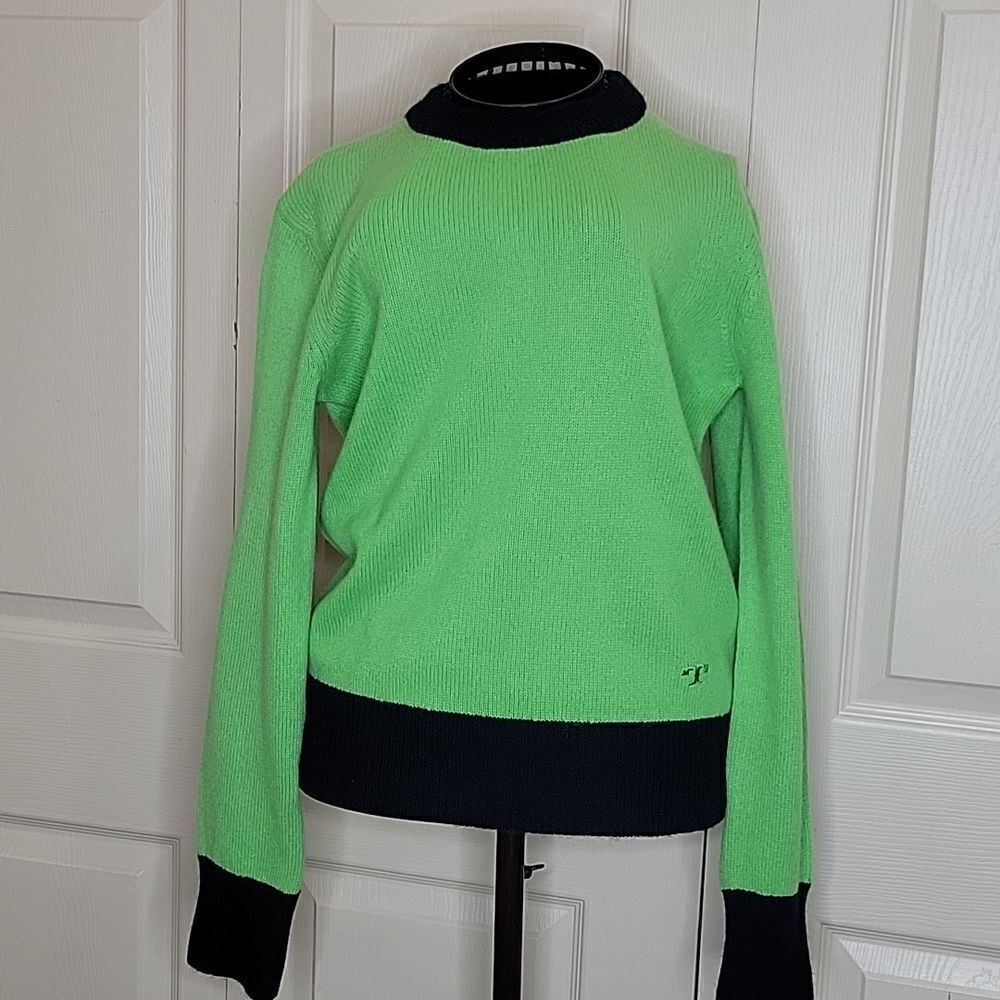 TORY BURCH Cashmere Spring Green and Navy Crewneck Sweater Size XXS NWT - Picture 2 of 11